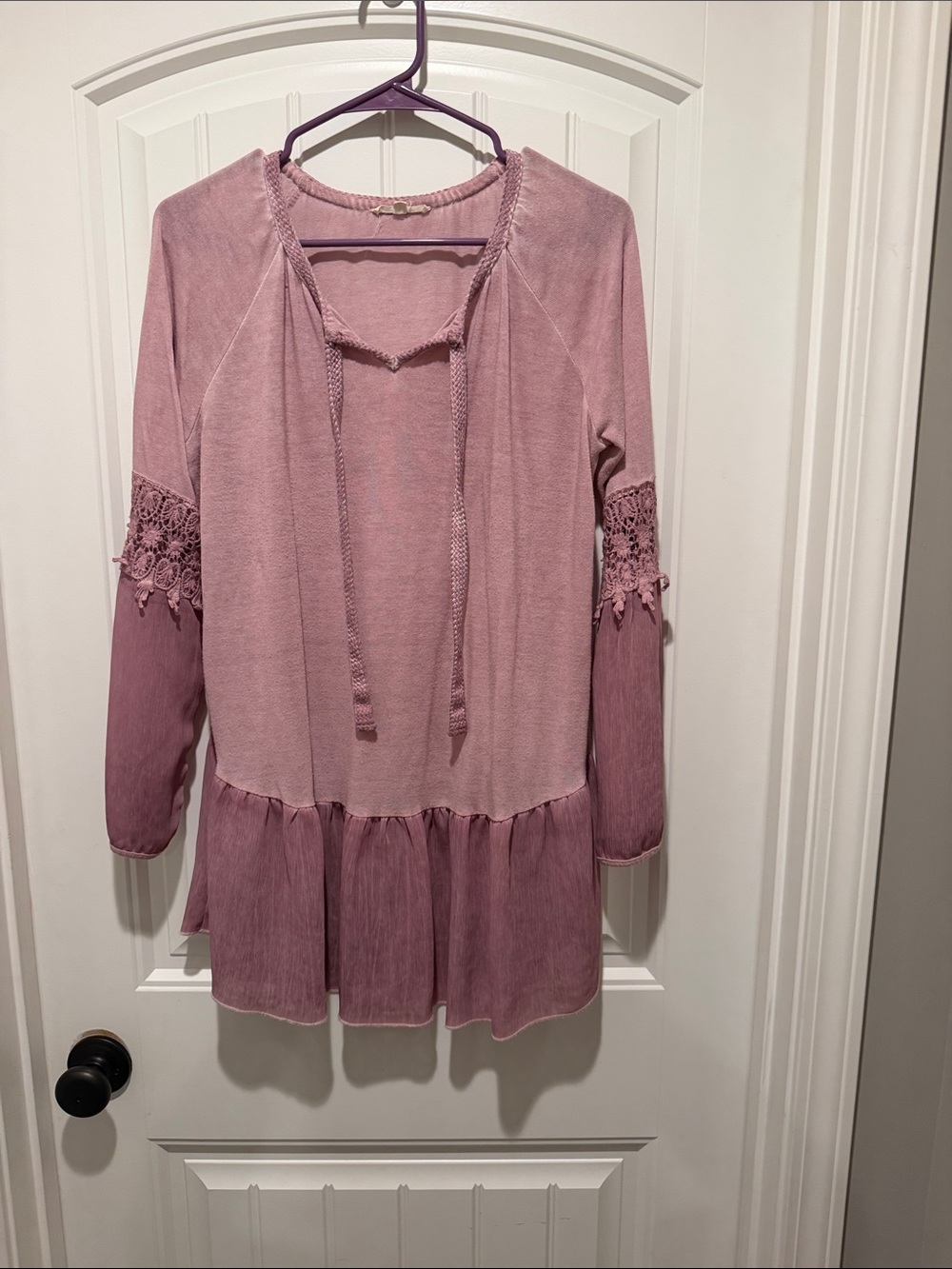 easel Blush Pink Peasant Tunic with Crochet Sleeve Detail